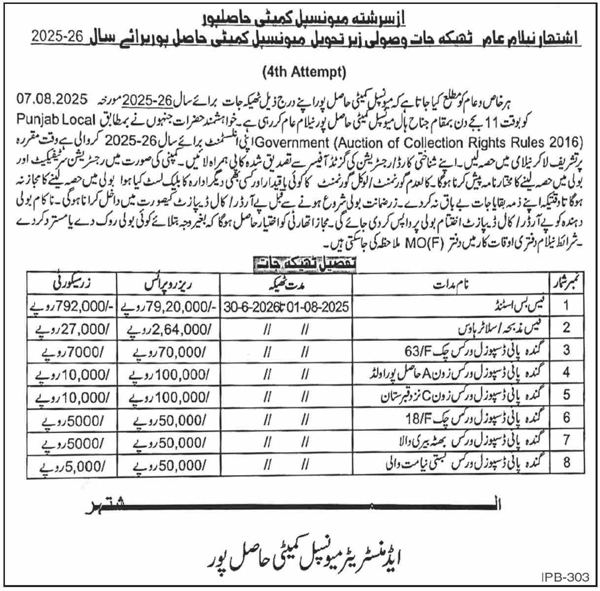 Municipal Committee Hasilpur Tender Notice